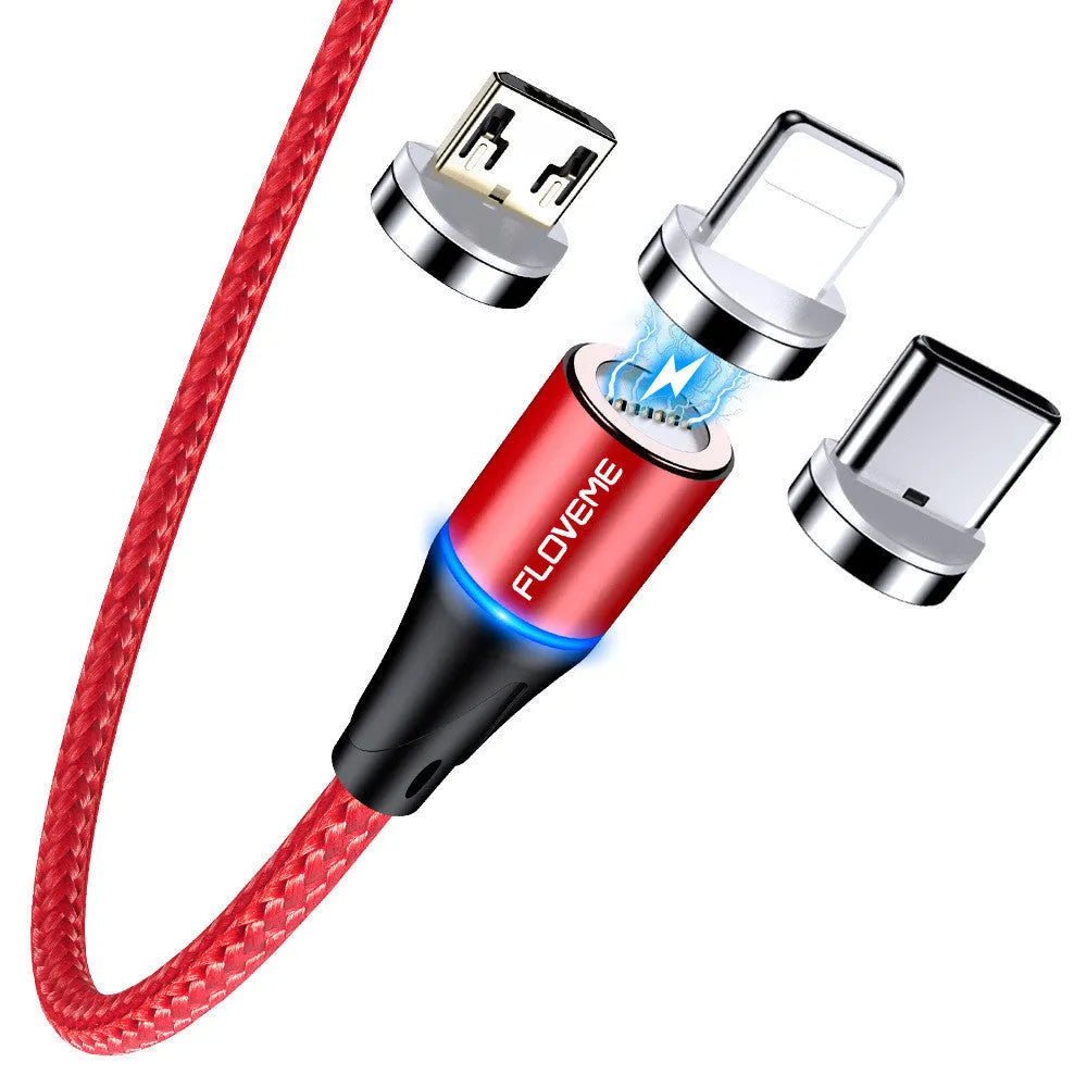 Black magnetic data cable with LED light and interchangeable iPhone, Android, and Type-C heads.