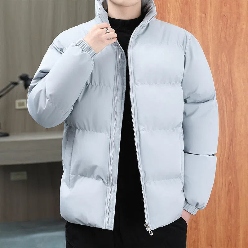 Winter stand-collar men's coat in Khaki with velvet lining, long sleeves, and solid colour design