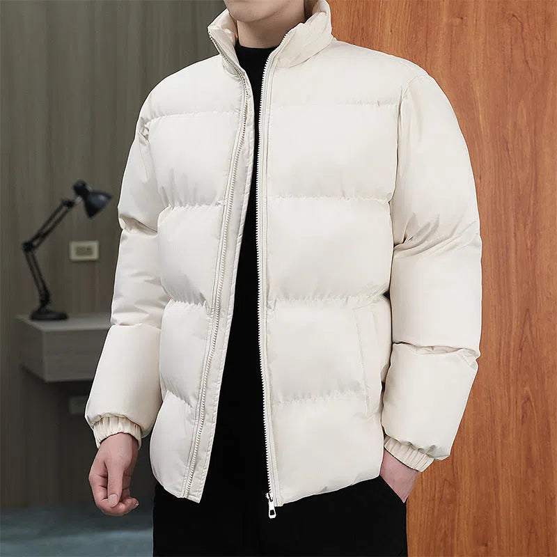 Winter stand-collar men's coat in Khaki with velvet lining, long sleeves, and solid colour design