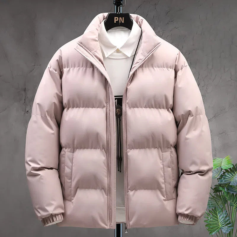 Winter stand-collar men's coat in Khaki with velvet lining, long sleeves, and solid colour design