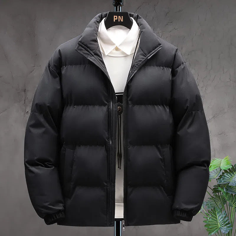Winter stand-collar men's coat in Khaki with velvet lining, long sleeves, and solid colour design