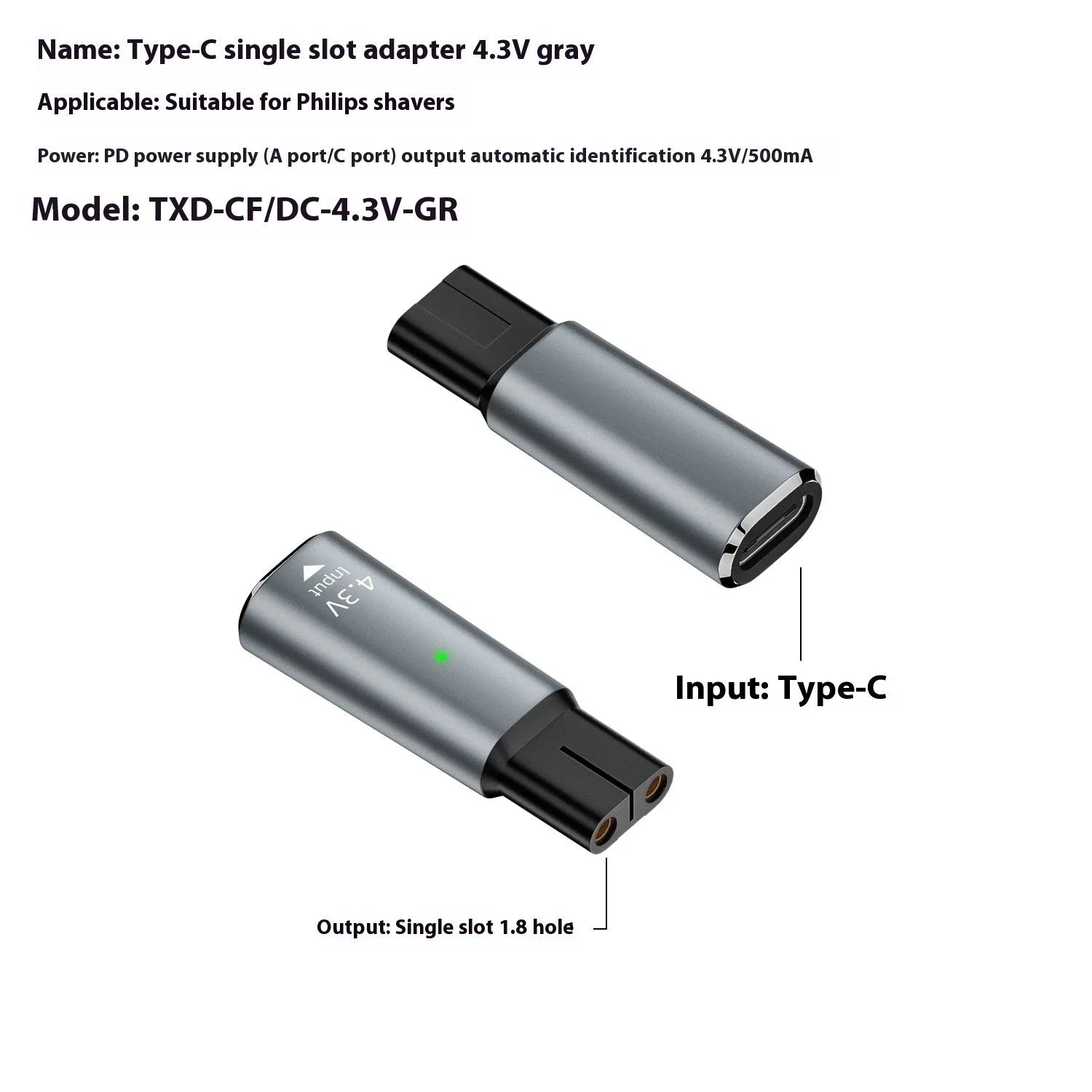 USB C charging adapter for electric shavers in black or grey with aluminium alloy construction