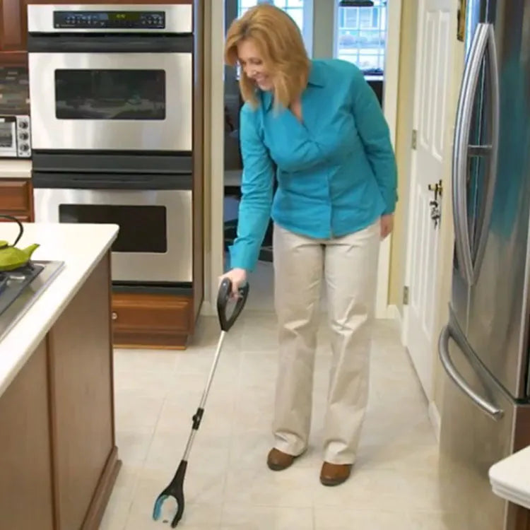 Blue foldable portable aluminium microphone stand with a stainless steel base, shown collapsed and extended.