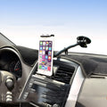 Black vehicle-mounted tablet holder with adjustable 4-12 inch arm and suction cup mount