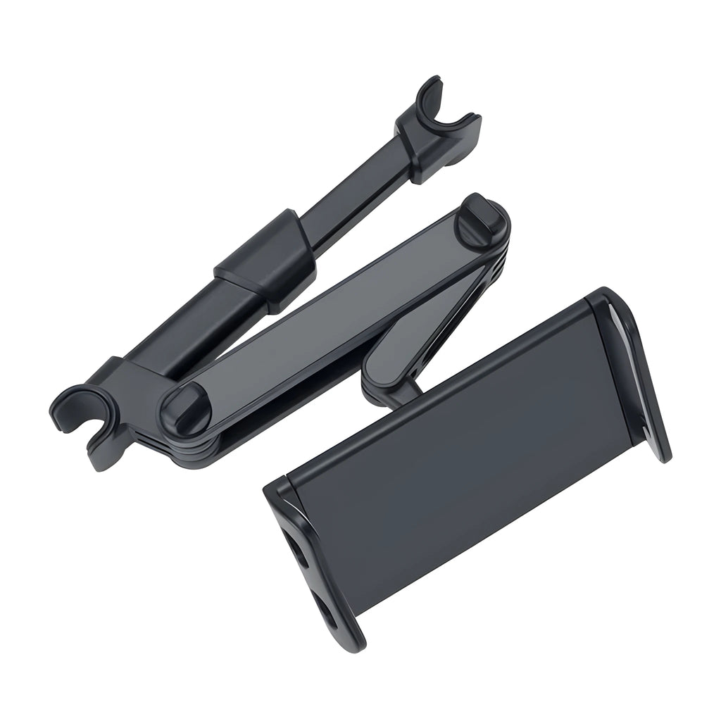 Black plastic car phone holder with universal tablet compatibility mounted on vehicle rear seat