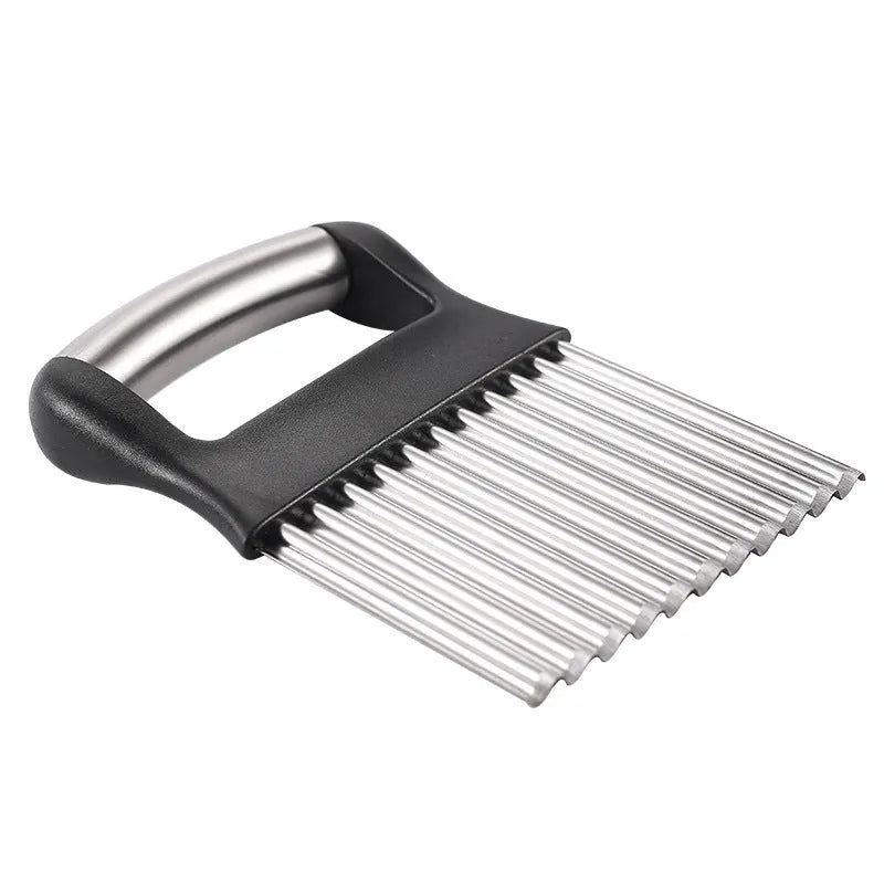 Stainless steel potato wave knife for cutting crinkle chips, shown in black and white.
