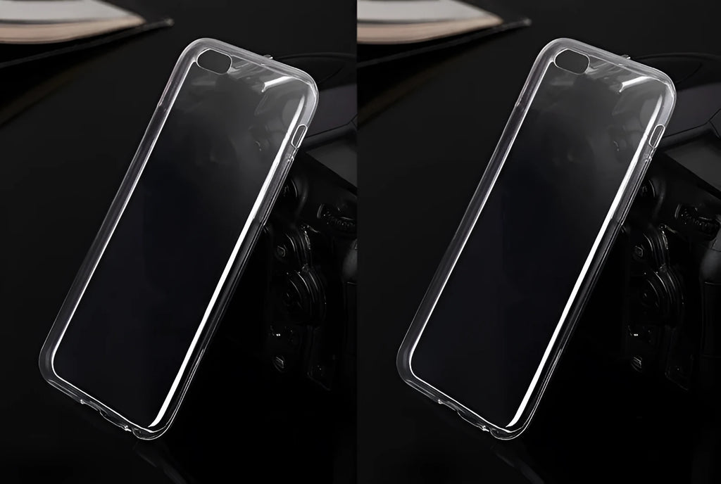 Transparent TPU phone case for iPhone showing clear back and side cutouts