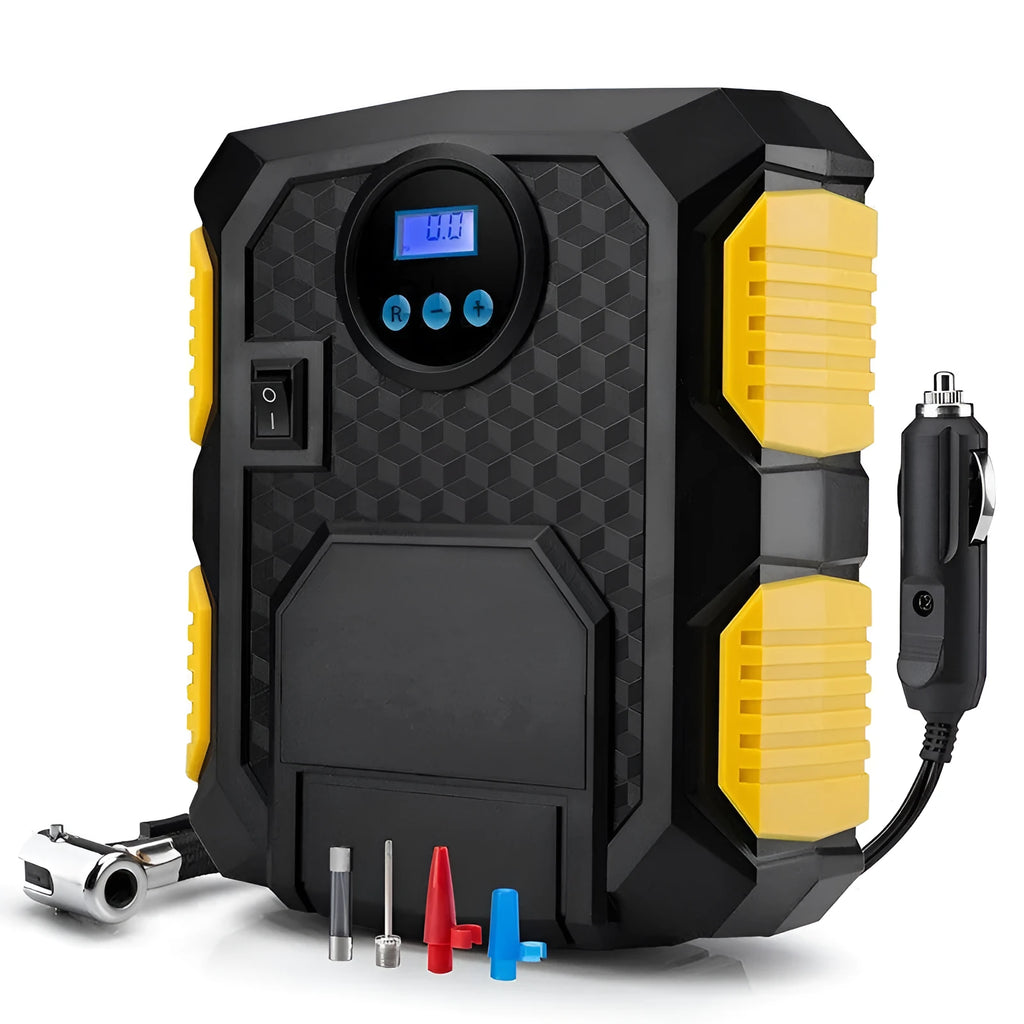 DC 12V digital tire inflator with LED display, bright light, and 3-metre cord for portable car use