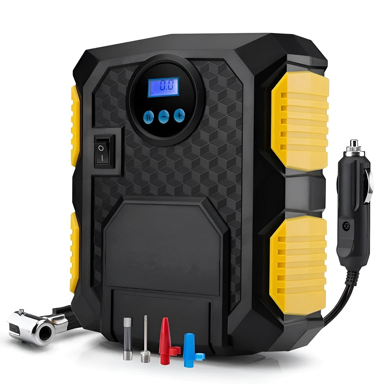 DC 12V digital tire inflator with LED display, bright light, and 3-metre cord for portable car use