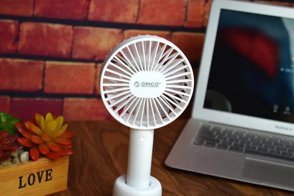 ORICO FH1 white USB rechargeable desk fan with handheld portable design and three-speed control