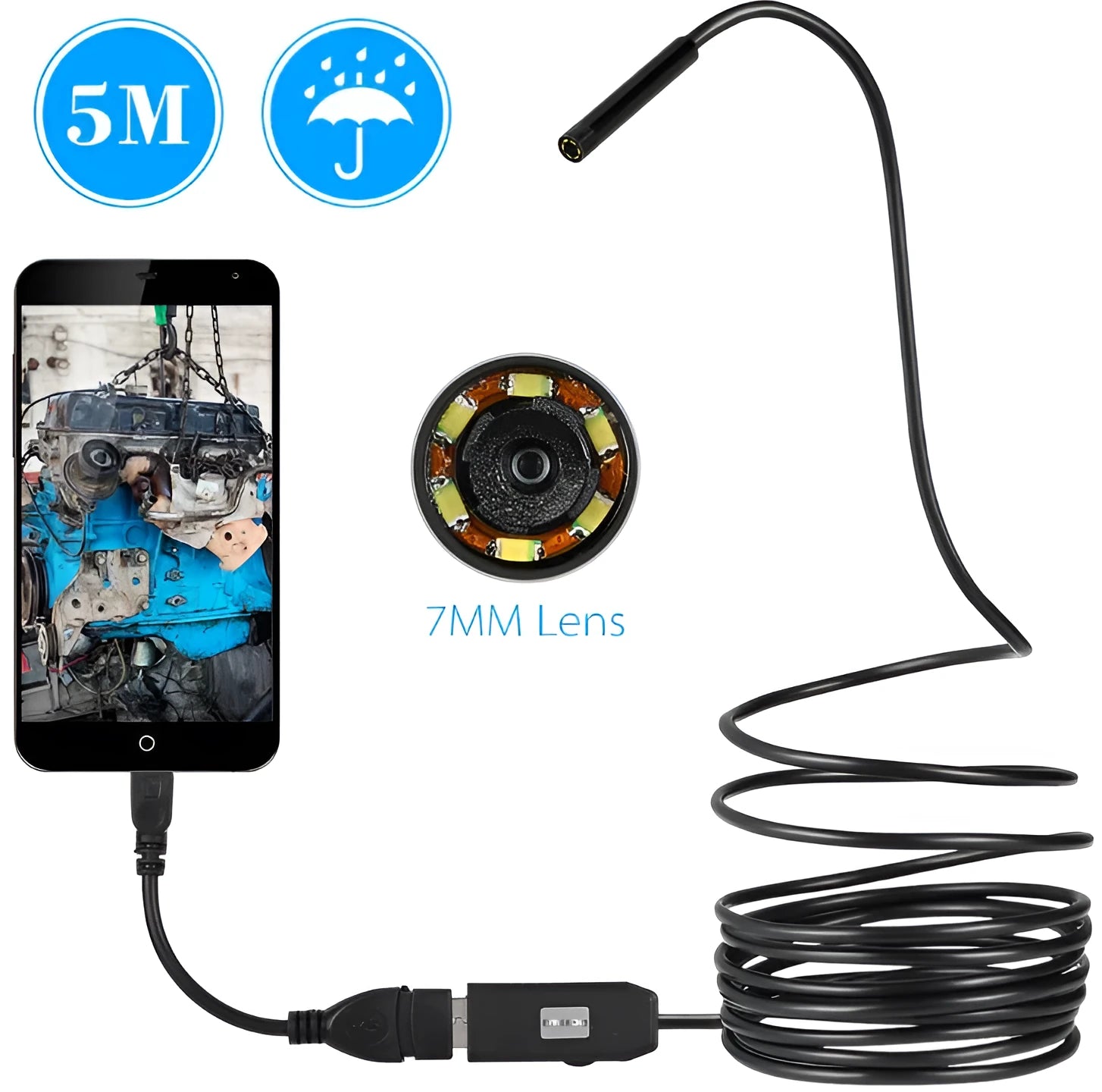 OWSOO USB endoscope camera with 5 metre cable, 6 LED lights, and magnet hook accessories
