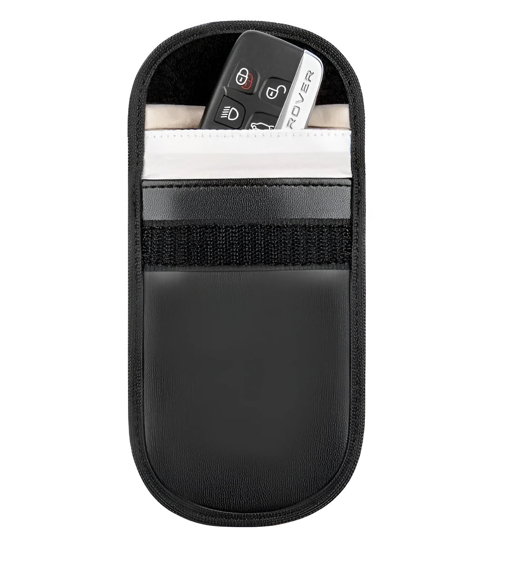 Black microfiber Faraday cage bag for blocking car key fob and mobile phone signals.