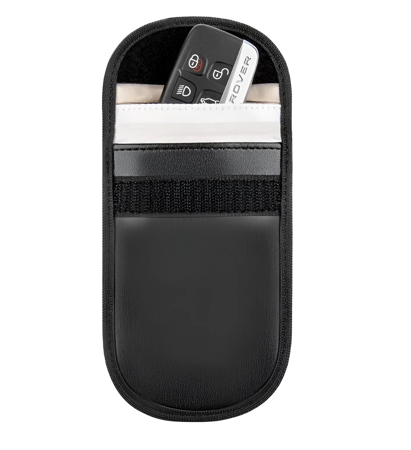 Black microfiber Faraday cage bag for blocking car key fob and mobile phone signals.