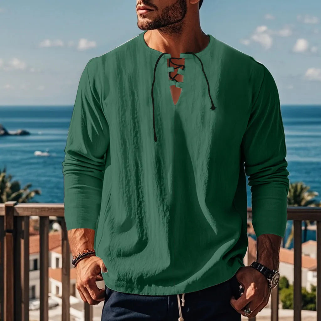 Solid colour cotton linen beach ruff shirt loose pullover style