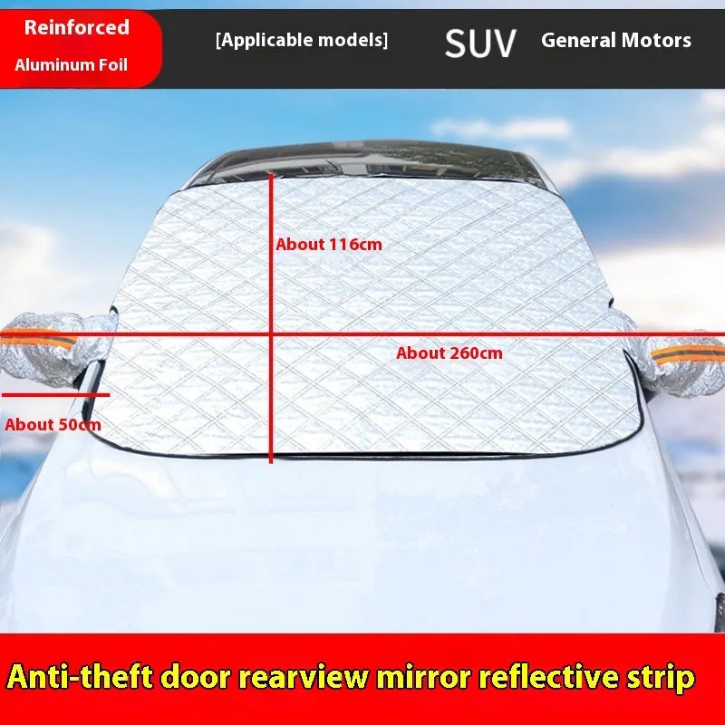 Large luxury SUV front windshield winter cover made of aluminium foil with reflective stripes and five magnets.