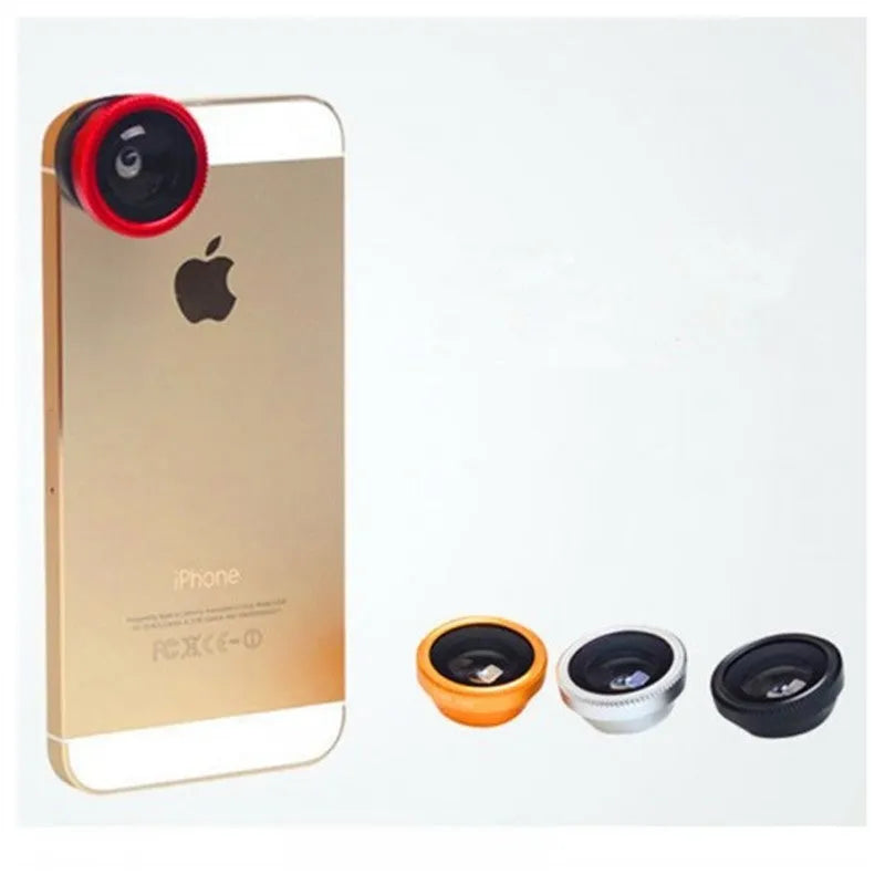 Three-in-one smartphone camera lens kit showing fisheye, wide-angle, and macro lenses with a universal clip.