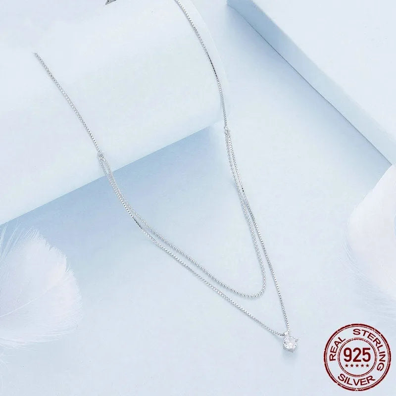 Women's double-layer S925 sterling silver necklace with pearl chain design in silver colour