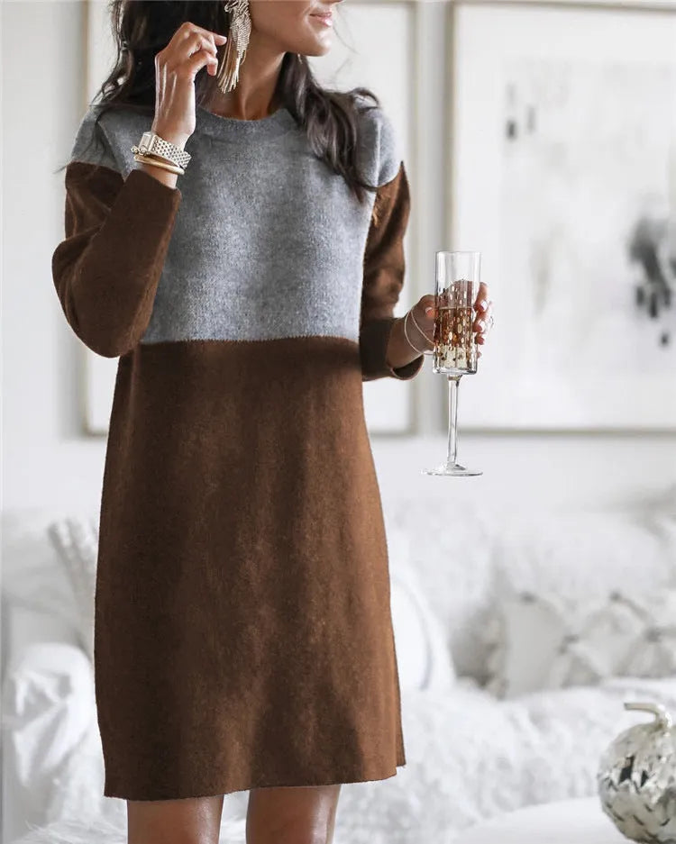 Brown women's polar fleece patchwork skirt dress with long sleeves and a round neckline on a hanger.
