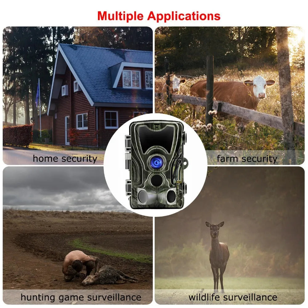 HC801A hunting camera with 36 infrared lights and 2.4-inch LCD screen mounted outdoors