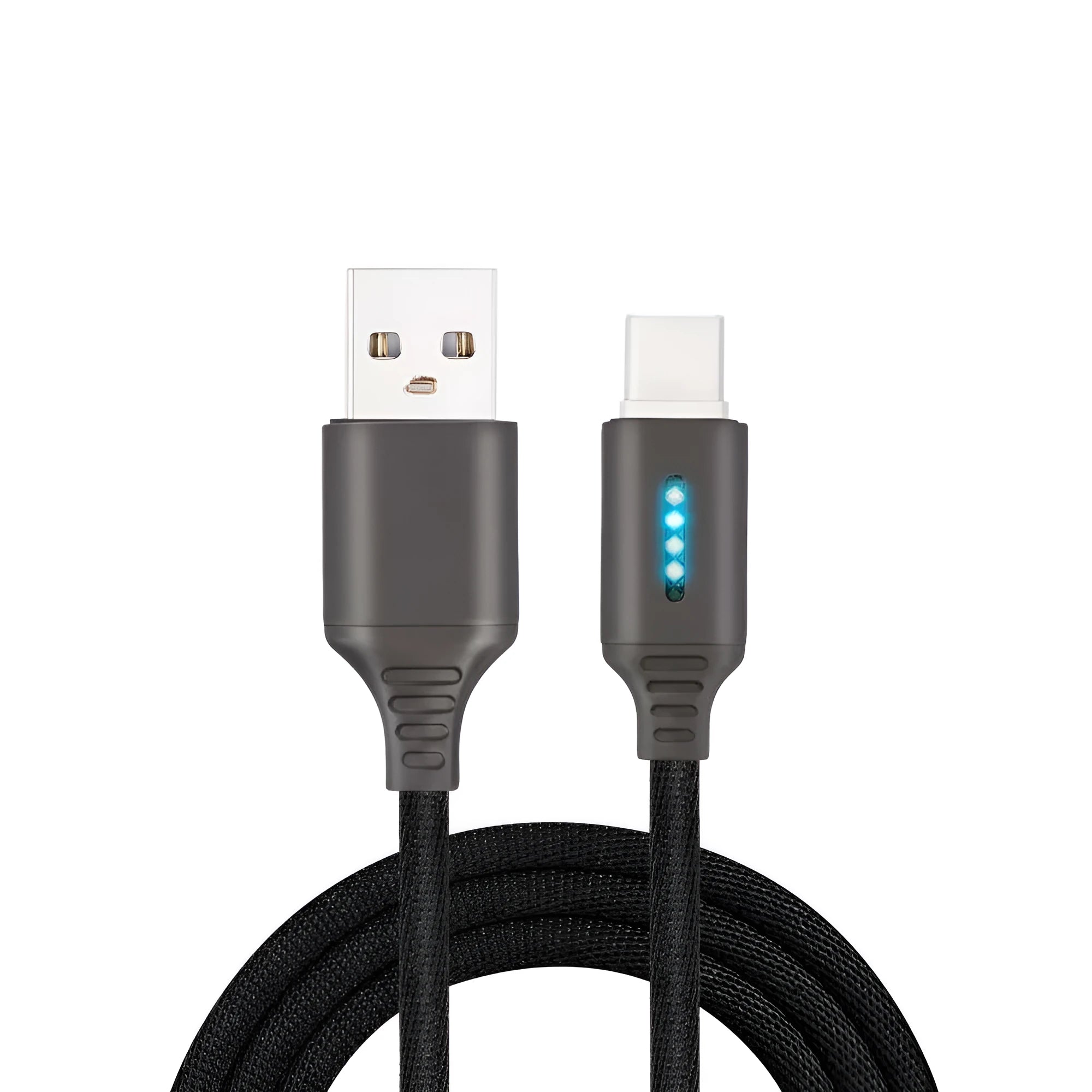 Fabric braided USB fast charging cable in black, shown with Android and Type-C connectors.