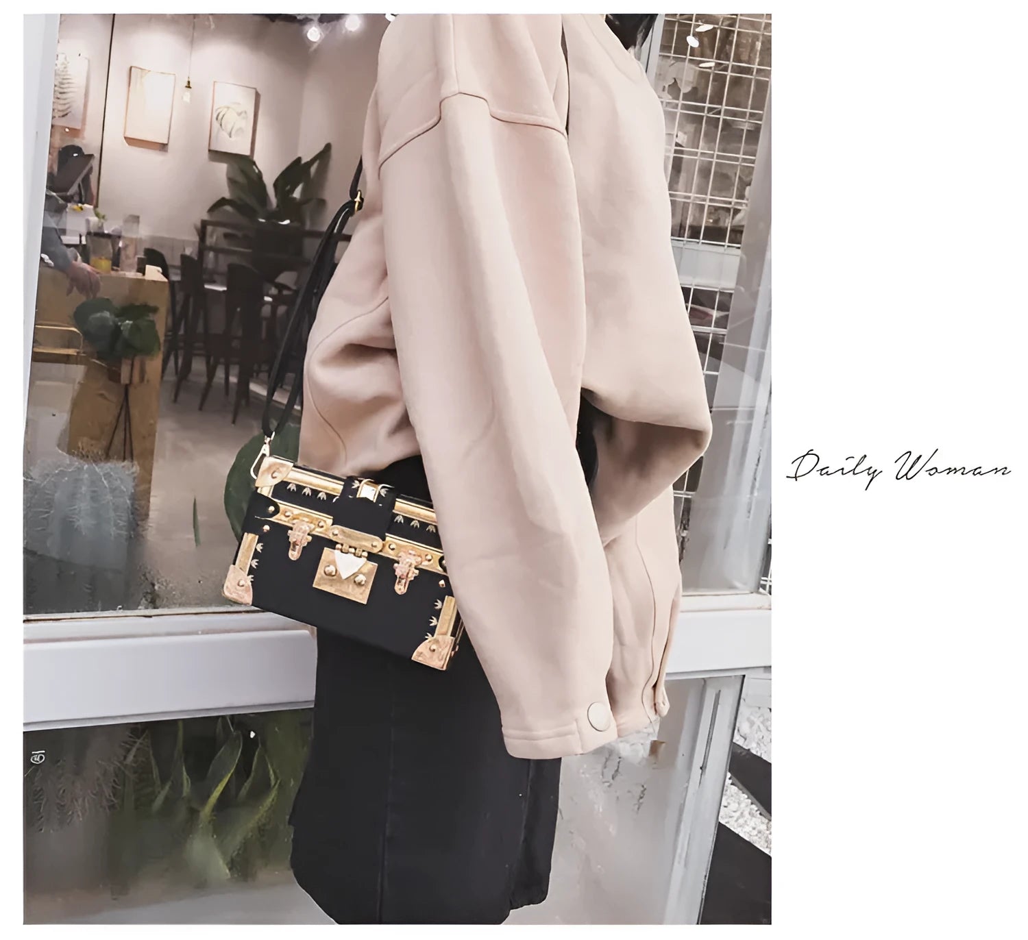 Hard-case women's shoulder bag with flap design, rivet decoration, and adjustable crossbody strap