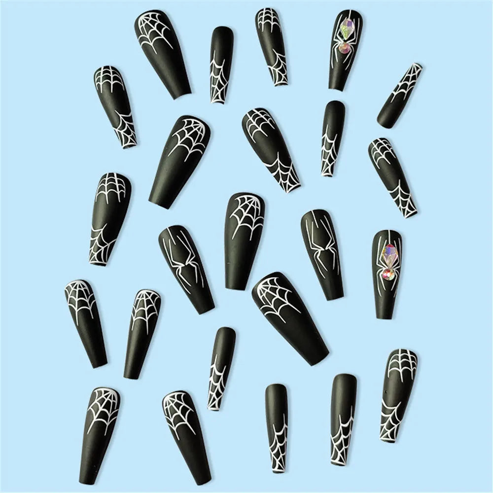 Dark Spider Halloween nail art set with 24 pieces and glue, cartoon spider design