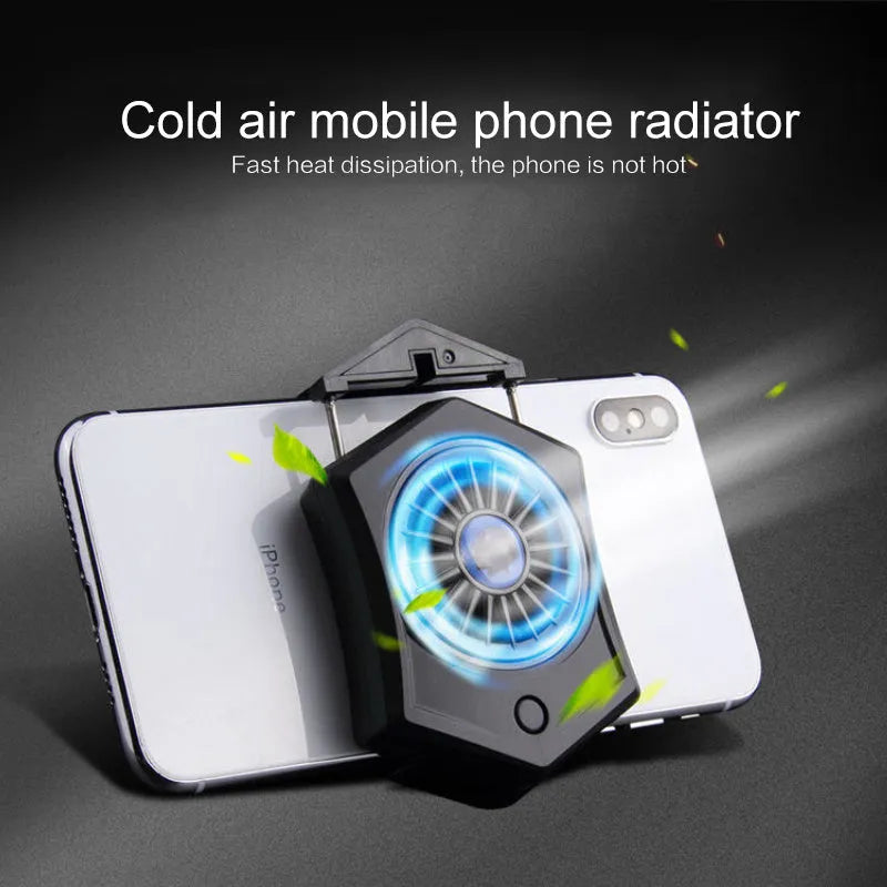 Black mobile phone cooling radiator with USB cable attached to smartphone during gaming