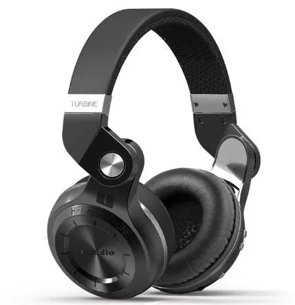 Bluedio T2 Plus on-ear Bluetooth headset in blue, showing headband, ear cups, and cabling.
