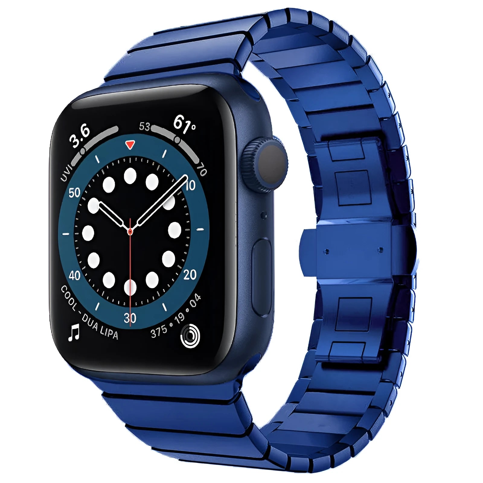 Silver metal Apple Watch strap with butterfly buckle on a wrist, showing the clasp closed.