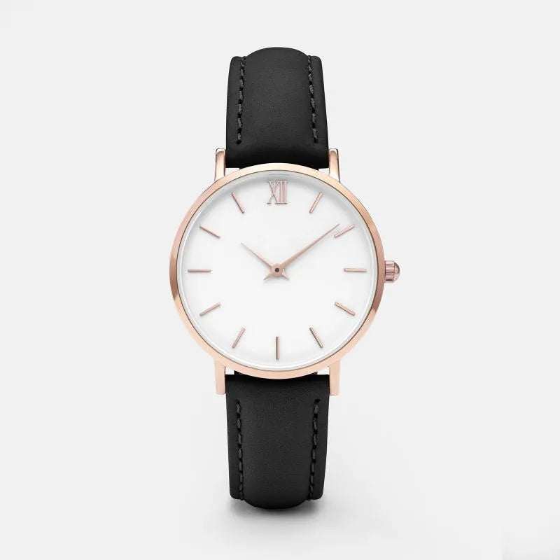 Square alloy case quartz watch with PU leather strap in various colours including grey, green, pink, and black.