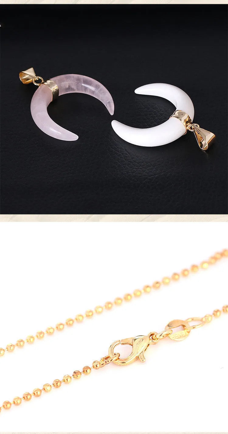 Crystal moon pendant necklace with natural stone charm on adjustable copper chain