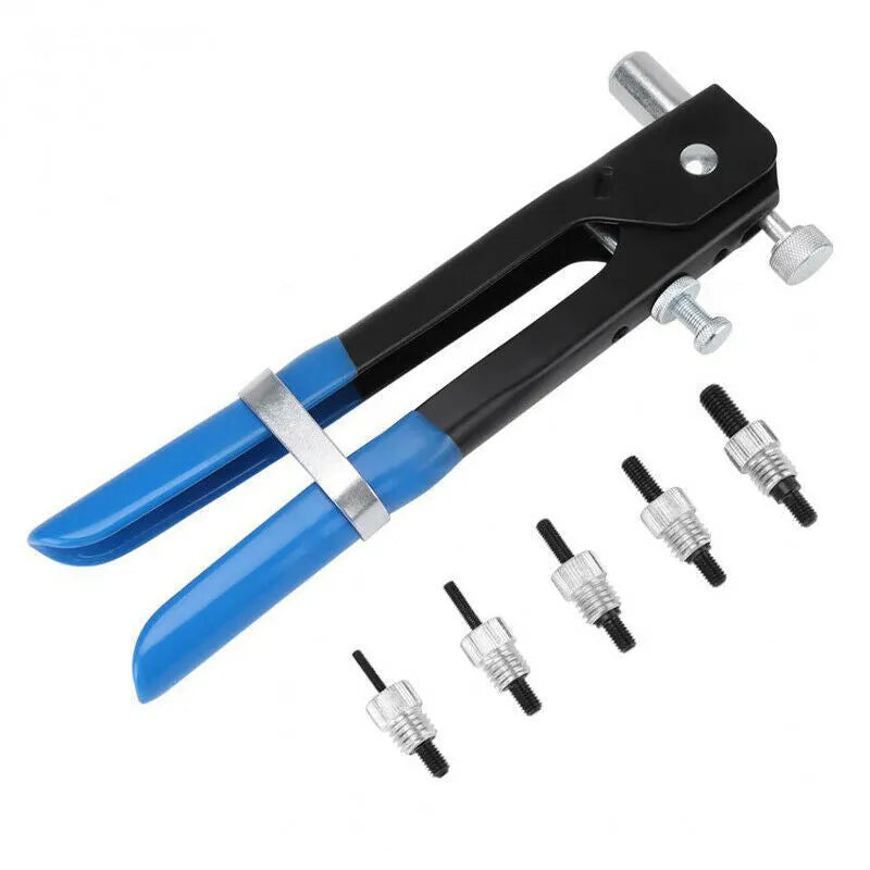 Alloy steel manual riveter tool with interchangeable nosepieces for 86pc or 106pc nut gun set configurations