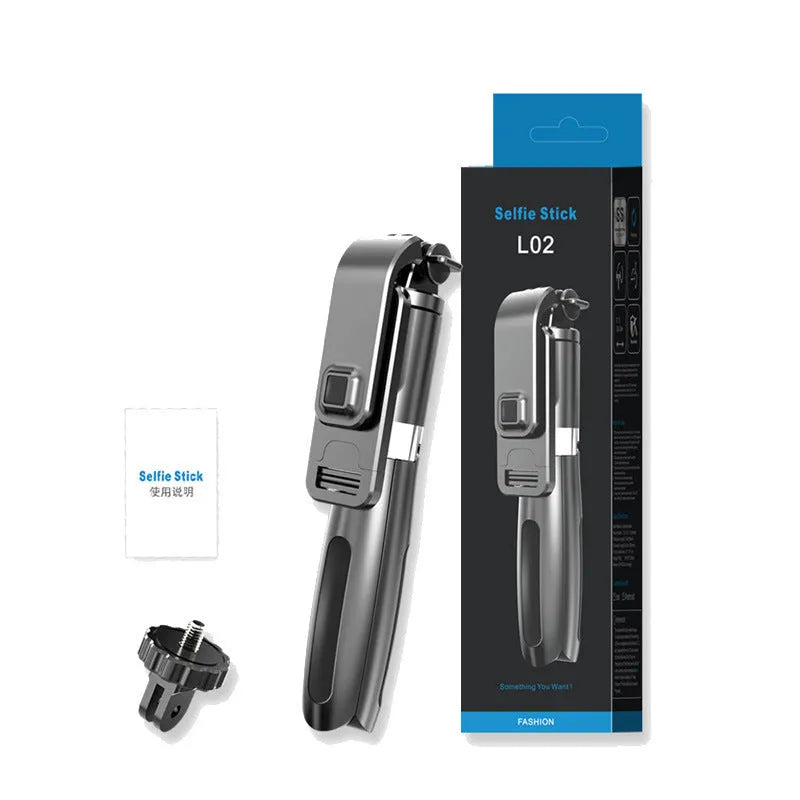 Extended black Bluetooth selfie stick with tripod legs deployed and smartphone attached.