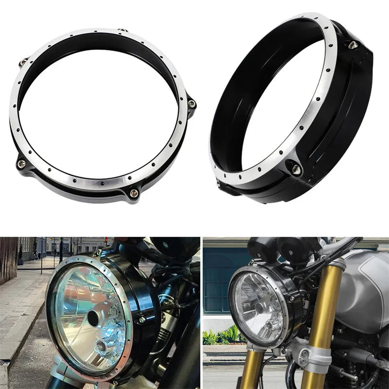Black CNC aluminium headlight cover protective frame for BMW R NineT Scrambler motorcycle.