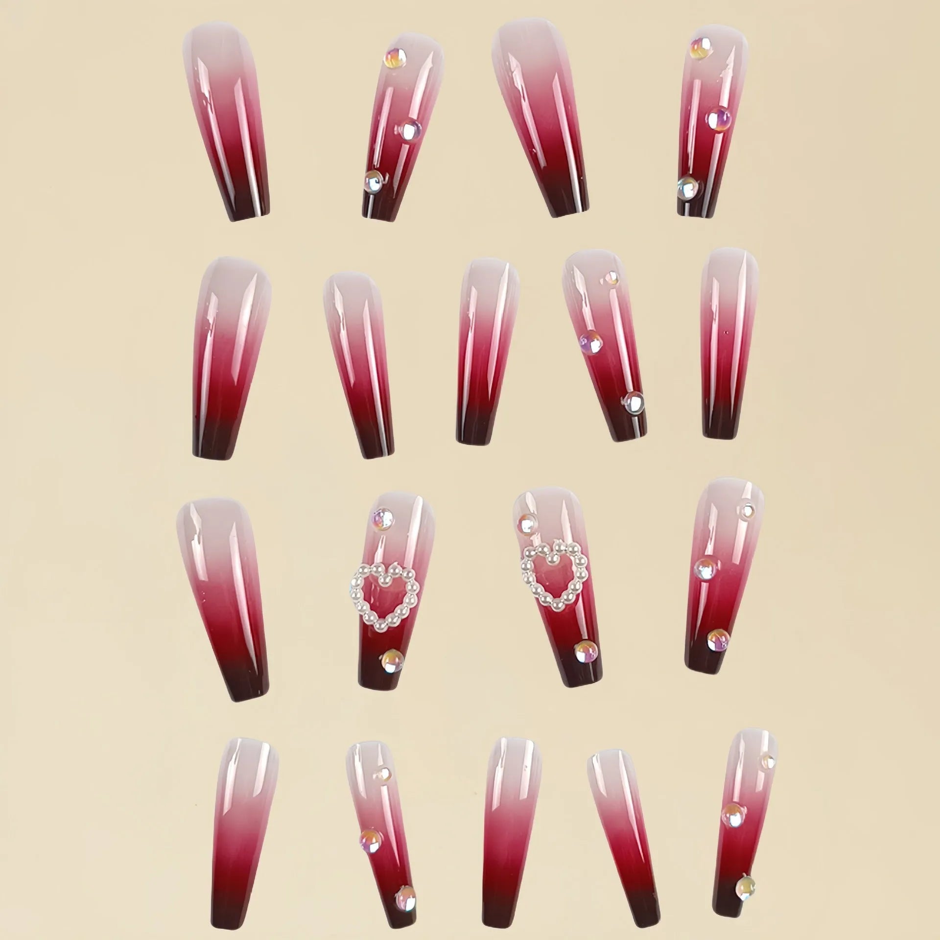 Wine red gradient false nail tips with heart and pearl pattern in long ballet style