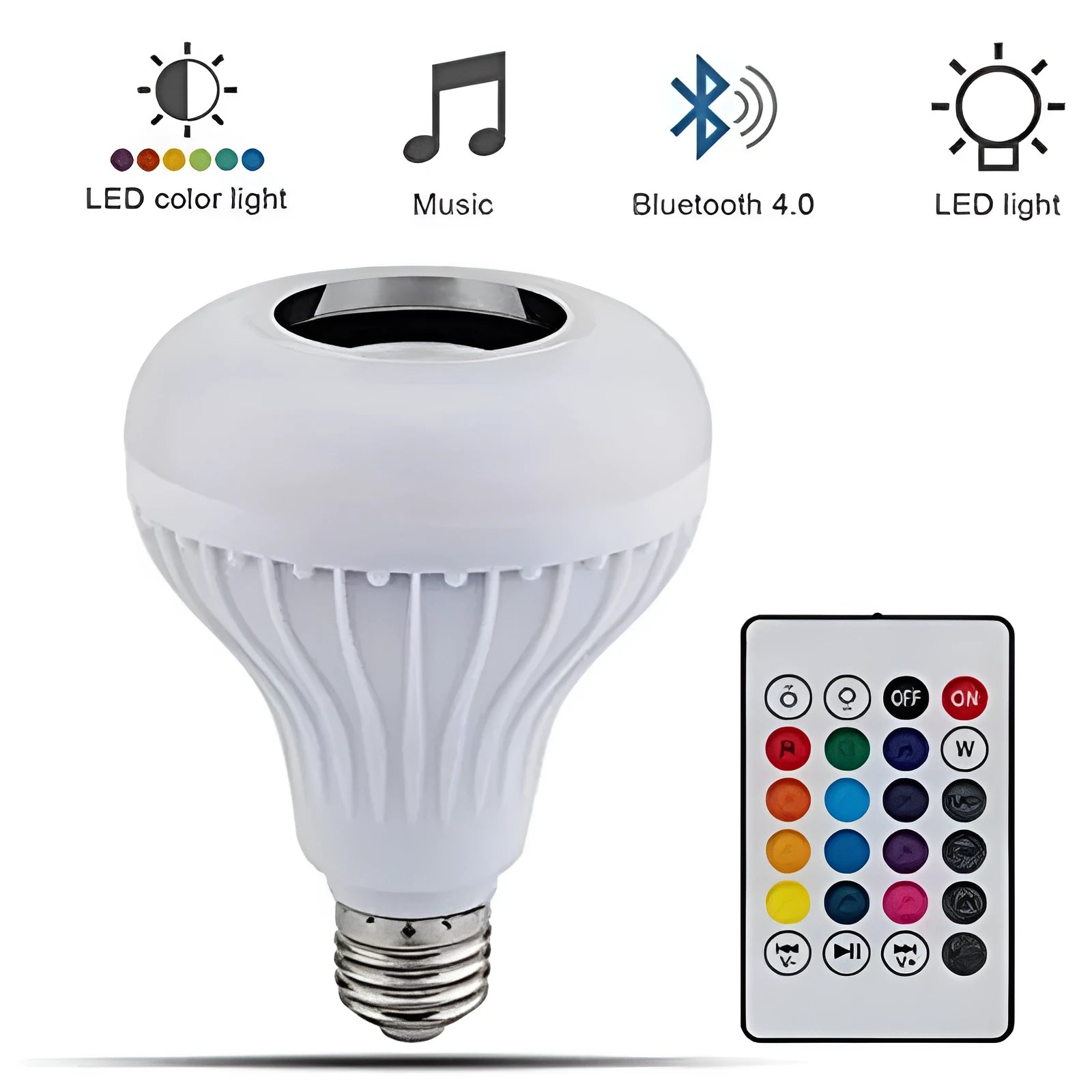 White Bluetooth speaker LED bulb with E27 screw base and remote control for 16 colour lighting.