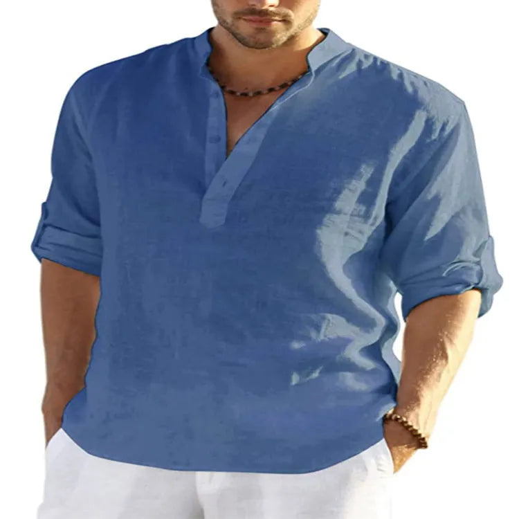 Men's solid colour cotton linen casual shirt with stand collar and long sleeves.