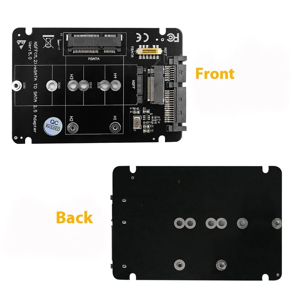 Two-in-one solid state hard-disk cartridge adapter card with mSATA and NGFF M.2 slots and LED indicator on 65x90mm PCB