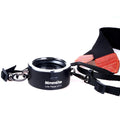 Aluminium lens flipper for Nikon E-Mount cameras with cotton shoulder strap showing double lens holder design