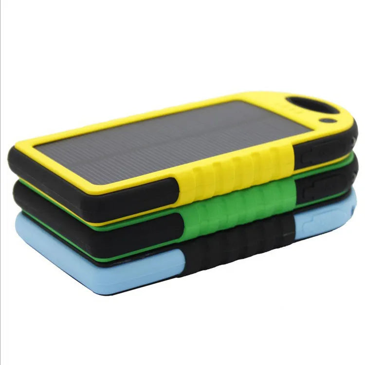 Solar power bank dual battery charger 8000mAh IPX4 waterproof with solar panel carabiner clip super bright LED light black