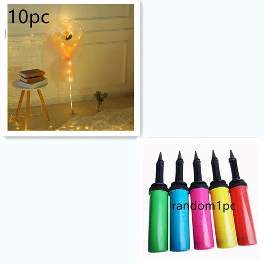 Transparent LED luminous balloon with artificial rose and built-in light, shown as a DIY bouquet kit.