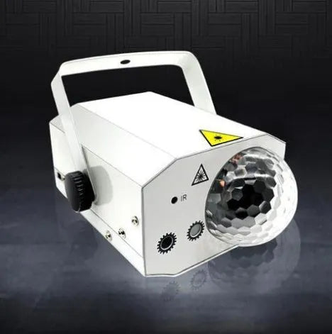 Black or white LED laser magic fan projector measuring 190x130x90mm with dual laser sources