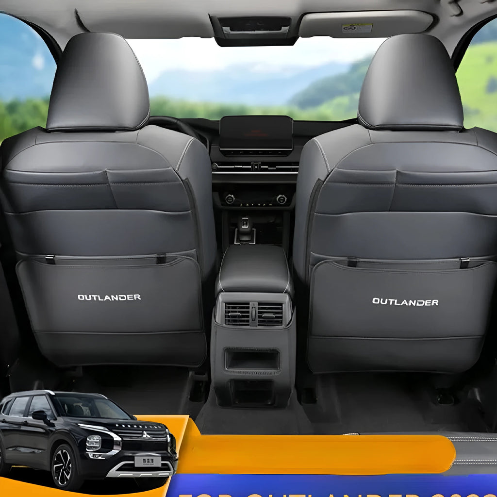 Three black leather anti-kick protection pads for Mitsubishi Outlander seat armrests and centre console