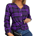 Women's loose-fit purple plaid casual shirt with regular sleeves on a hanger