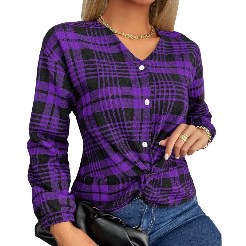 Women's loose-fit purple plaid casual shirt with regular sleeves on a hanger