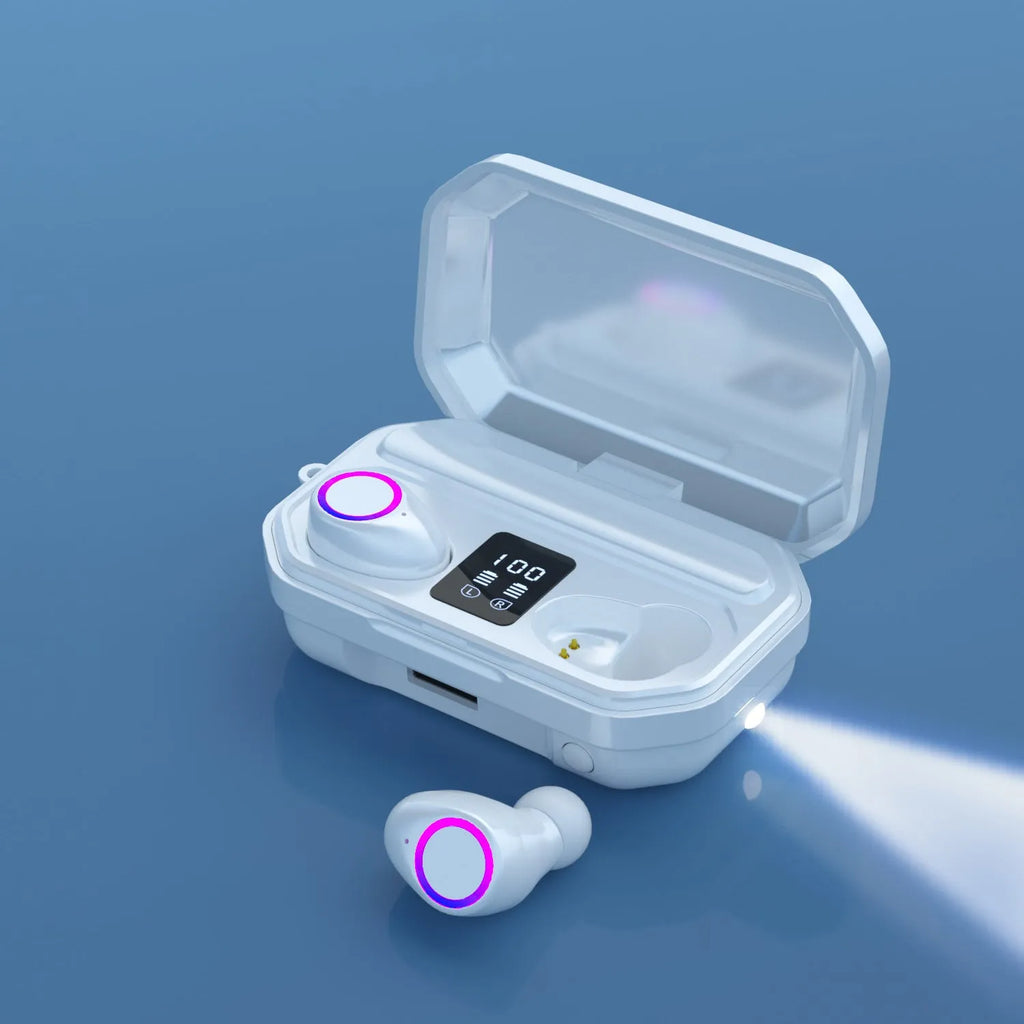 Black and white wireless Bluetooth earbuds with a charging case showing a digital LED battery display.