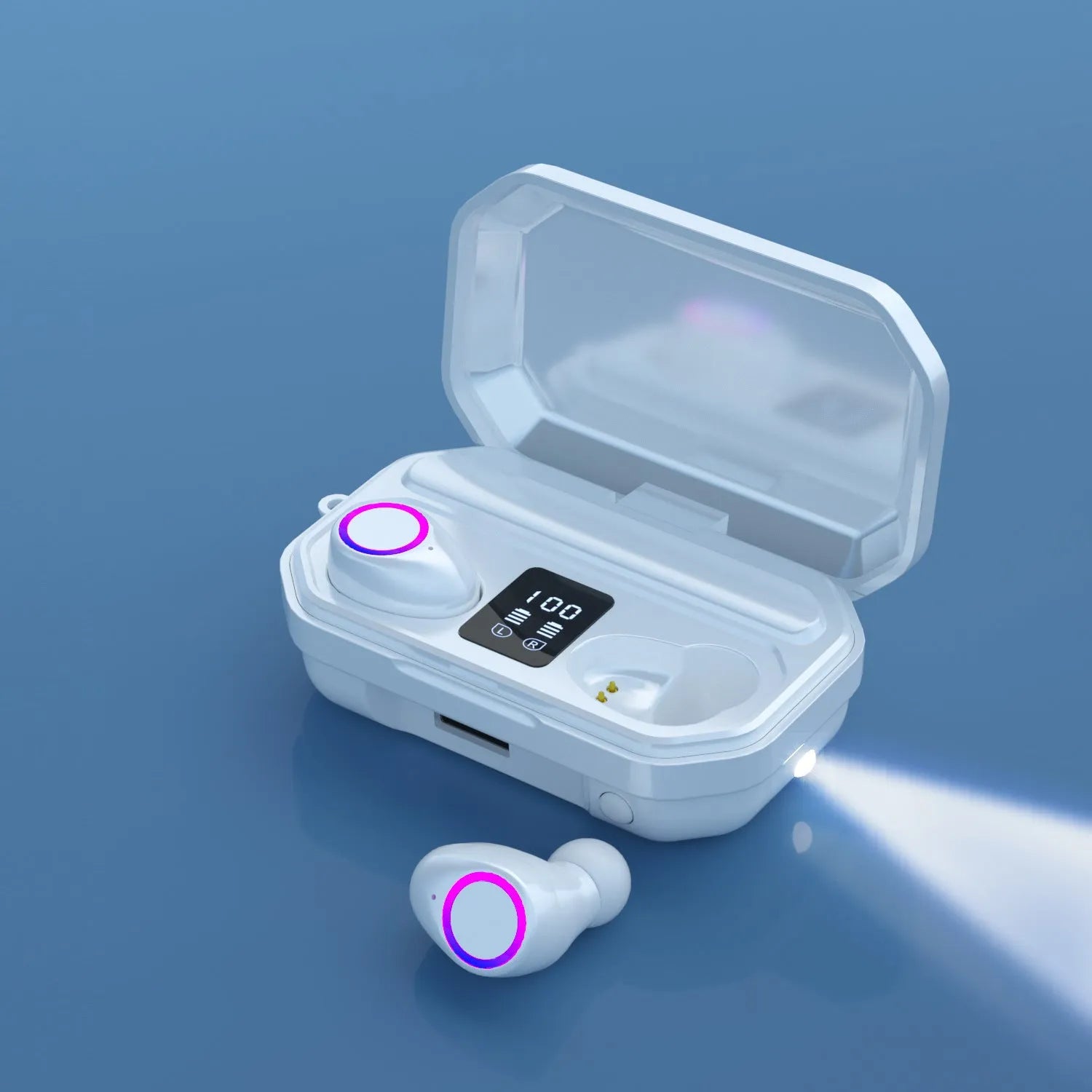 Black and white wireless Bluetooth earbuds with a charging case showing a digital LED battery display.