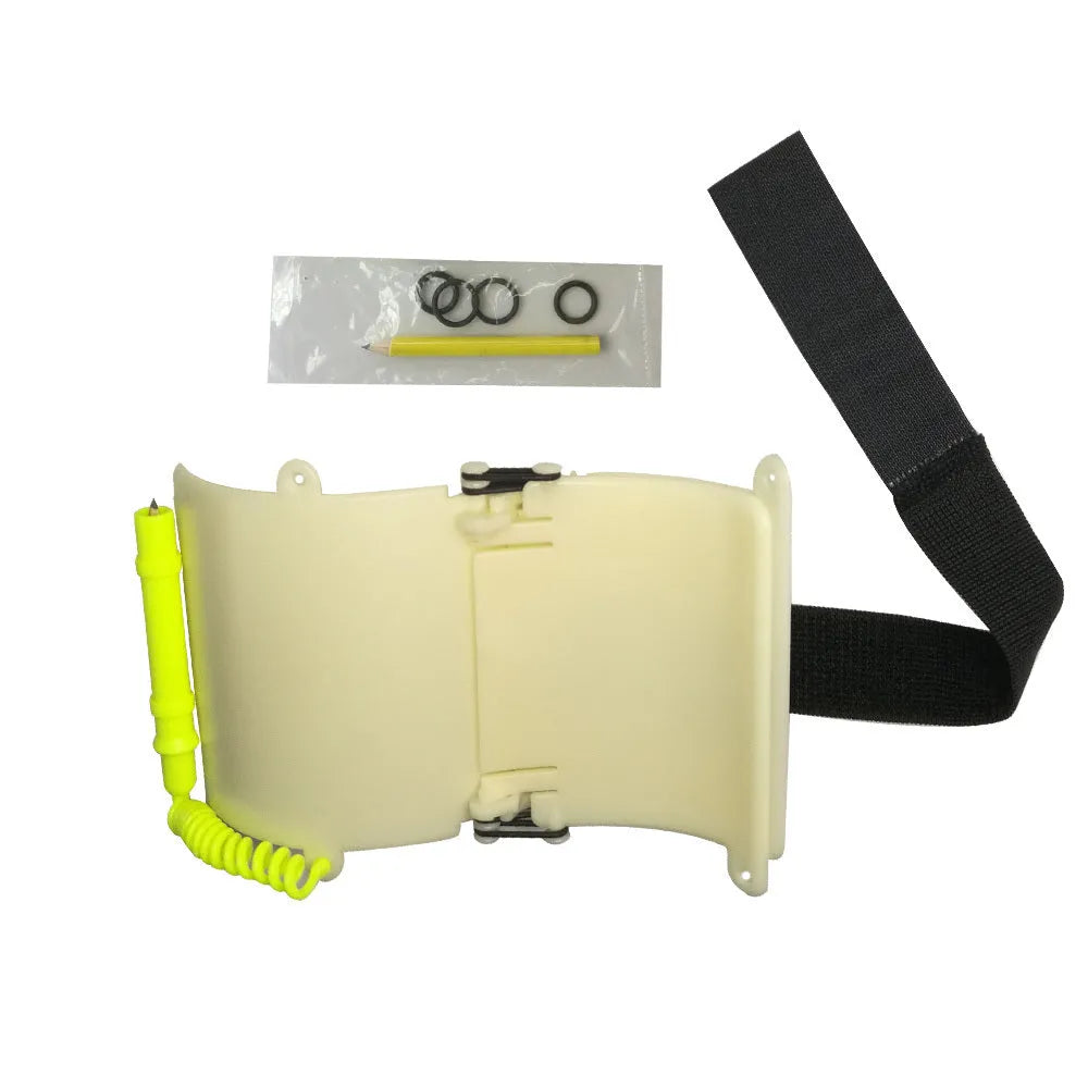 White luminous ABS underwater writing wristboard for diving jacket with pencil.