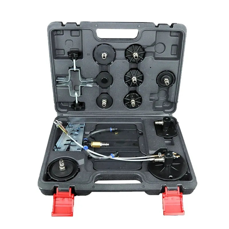 Pneumatic brake fluid replacement pumping tool with pressure gauge and transparent drain hose