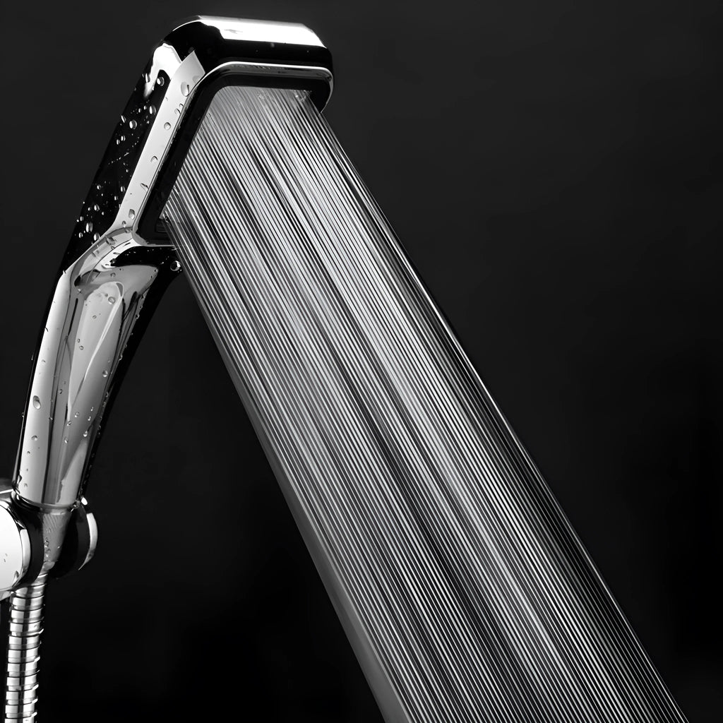 Orange hand-held rain shower set with pressurised function showing shower head and connection